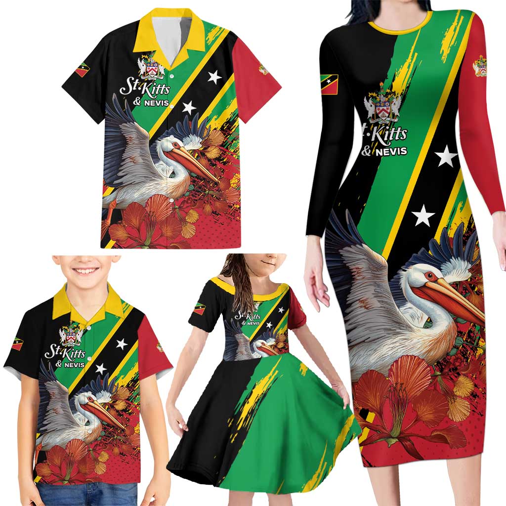 Personalized Saint Kitts and Nevis Pelican Family Matching Long Sleeve Bodycon Dress and Hawaiian Shirt Royal Poinciana Flowers - Wonder Print Shop