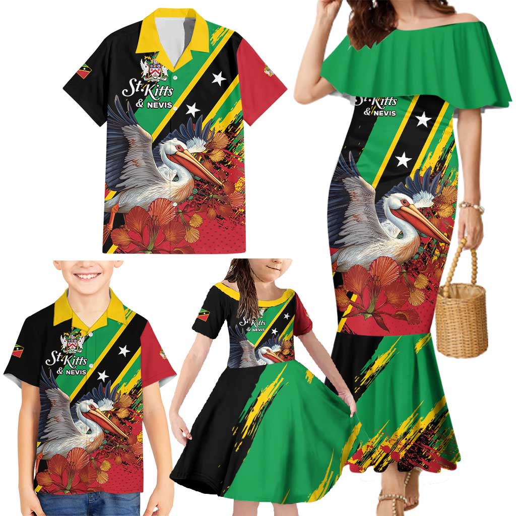 Personalized Saint Kitts and Nevis Pelican Family Matching Mermaid Dress and Hawaiian Shirt Royal Poinciana Flowers - Wonder Print Shop