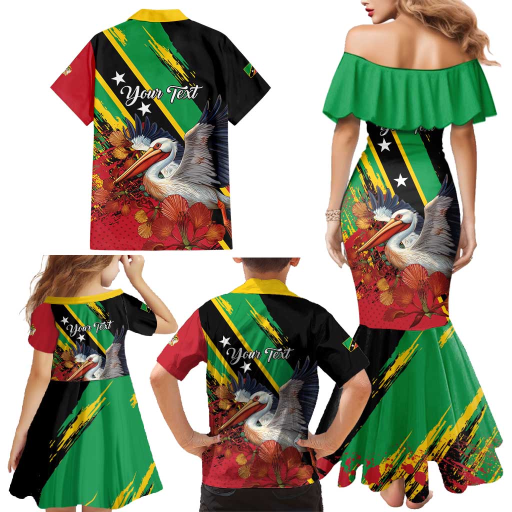 Personalized Saint Kitts and Nevis Pelican Family Matching Mermaid Dress and Hawaiian Shirt Royal Poinciana Flowers - Wonder Print Shop