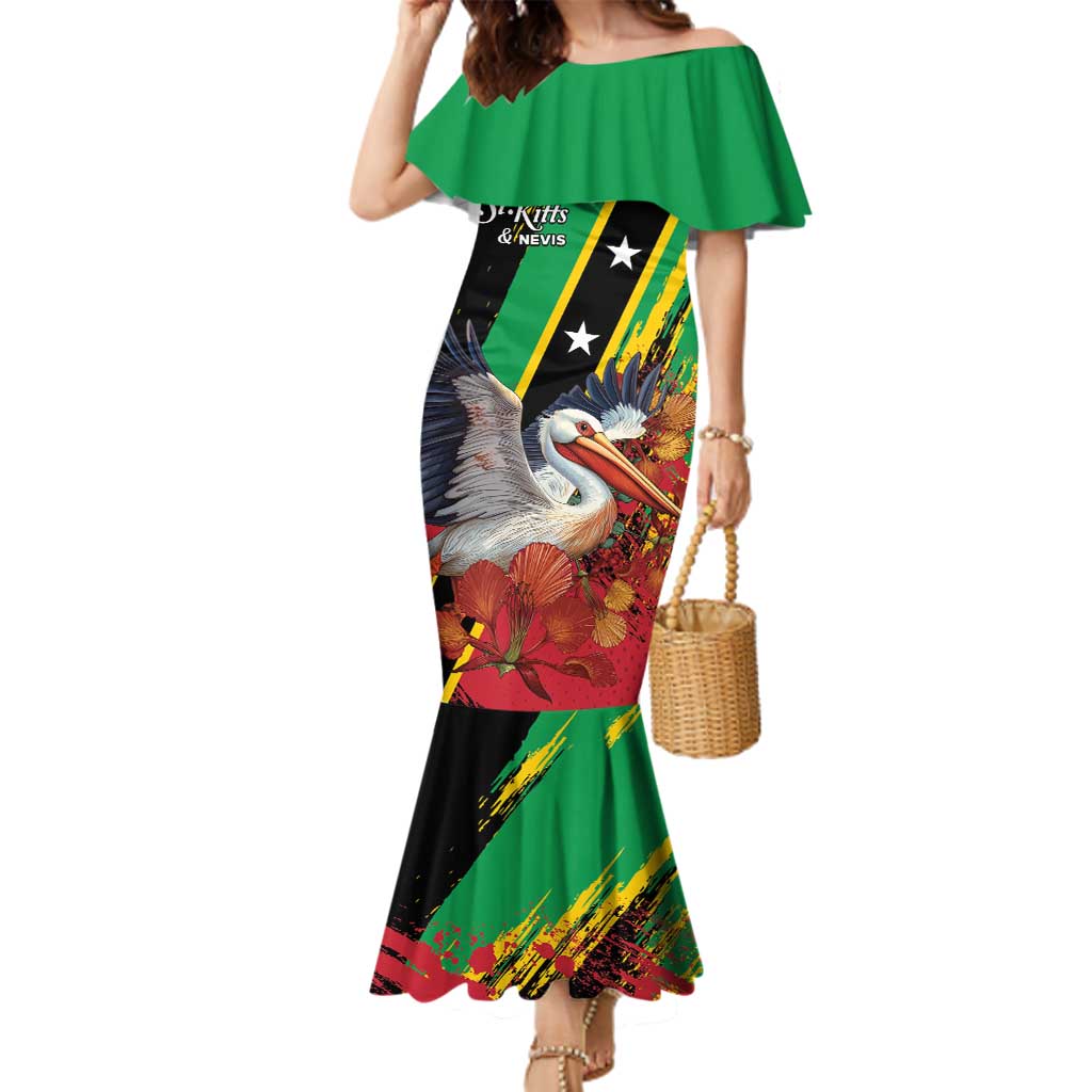 Personalized Saint Kitts and Nevis Pelican Family Matching Mermaid Dress and Hawaiian Shirt Royal Poinciana Flowers - Wonder Print Shop