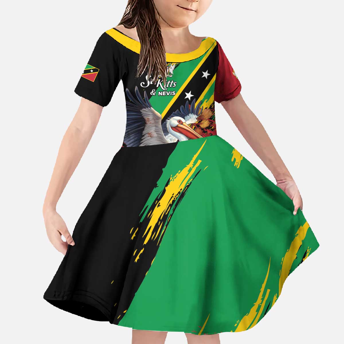 Personalized Saint Kitts and Nevis Pelican Family Matching Off The Shoulder Long Sleeve Dress and Hawaiian Shirt Royal Poinciana Flowers - Wonder Print Shop