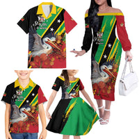 Personalized Saint Kitts and Nevis Pelican Family Matching Off The Shoulder Long Sleeve Dress and Hawaiian Shirt Royal Poinciana Flowers - Wonder Print Shop