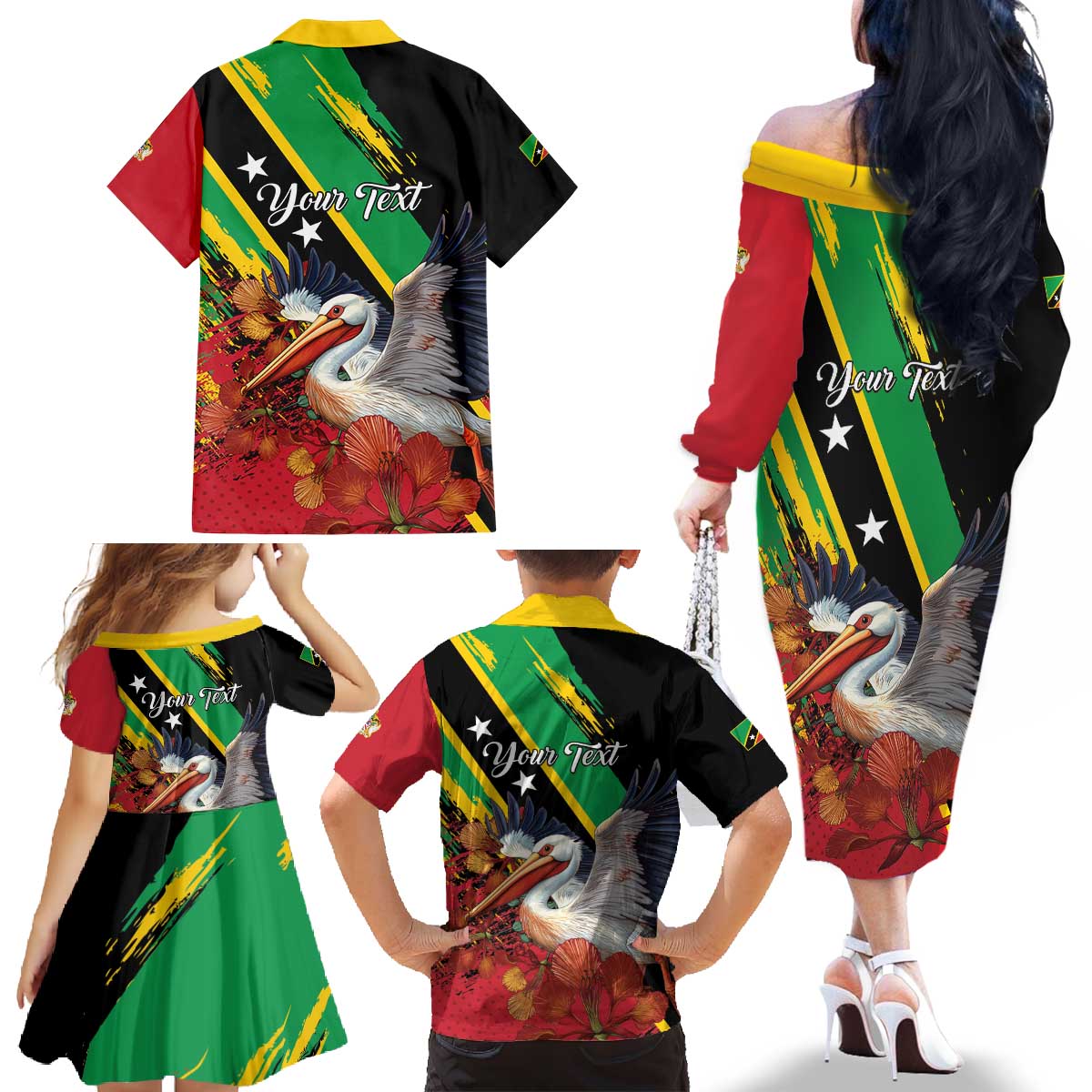Personalized Saint Kitts and Nevis Pelican Family Matching Off The Shoulder Long Sleeve Dress and Hawaiian Shirt Royal Poinciana Flowers - Wonder Print Shop