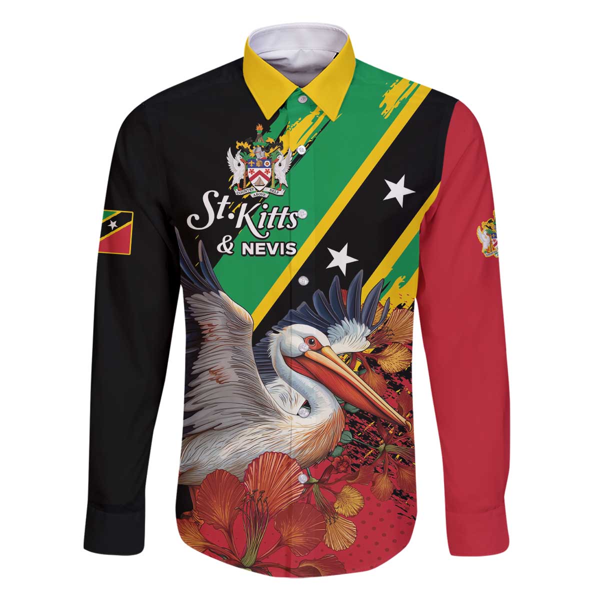 Personalized Saint Kitts and Nevis Pelican Family Matching Off The Shoulder Long Sleeve Dress and Hawaiian Shirt Royal Poinciana Flowers - Wonder Print Shop