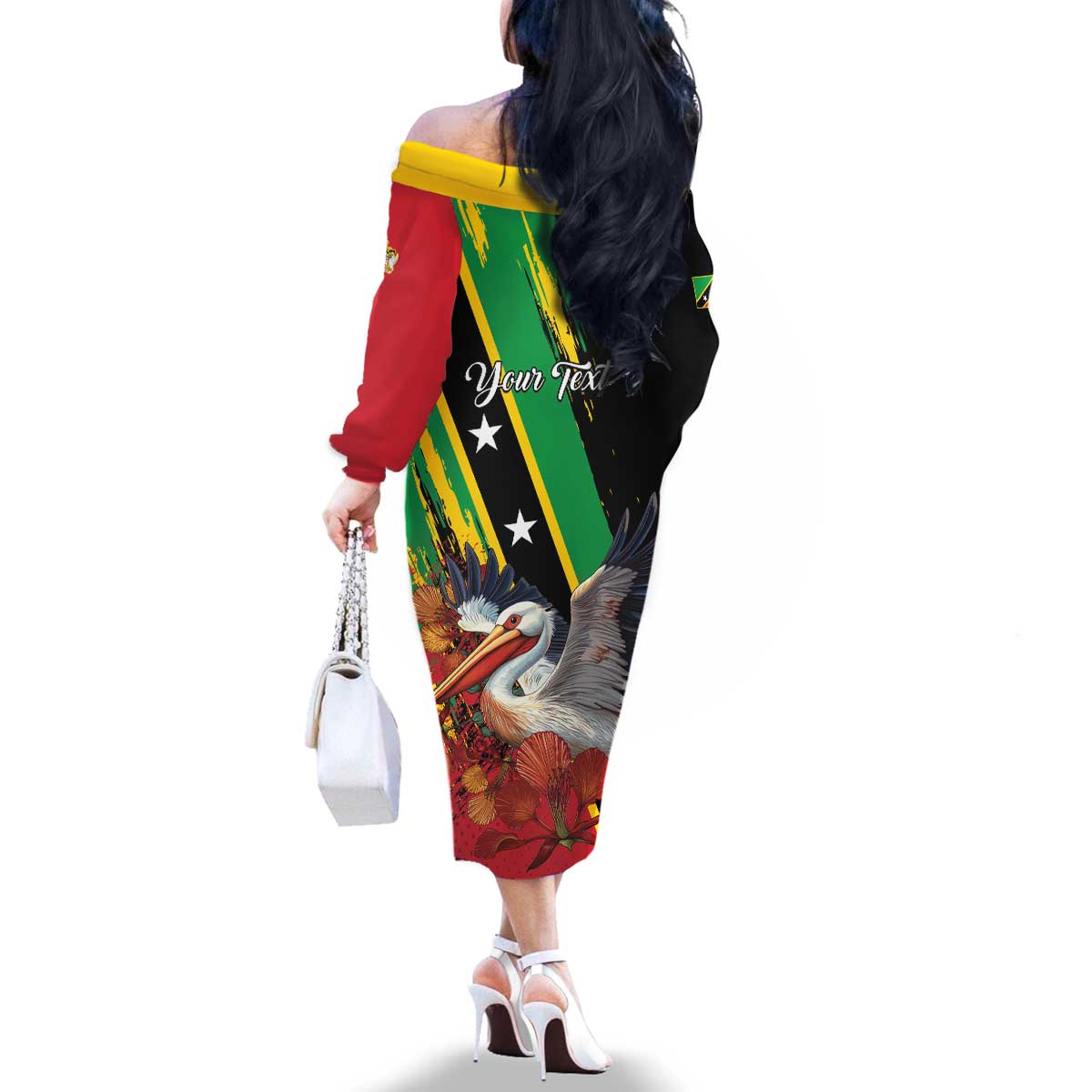Personalized Saint Kitts and Nevis Pelican Family Matching Off The Shoulder Long Sleeve Dress and Hawaiian Shirt Royal Poinciana Flowers - Wonder Print Shop