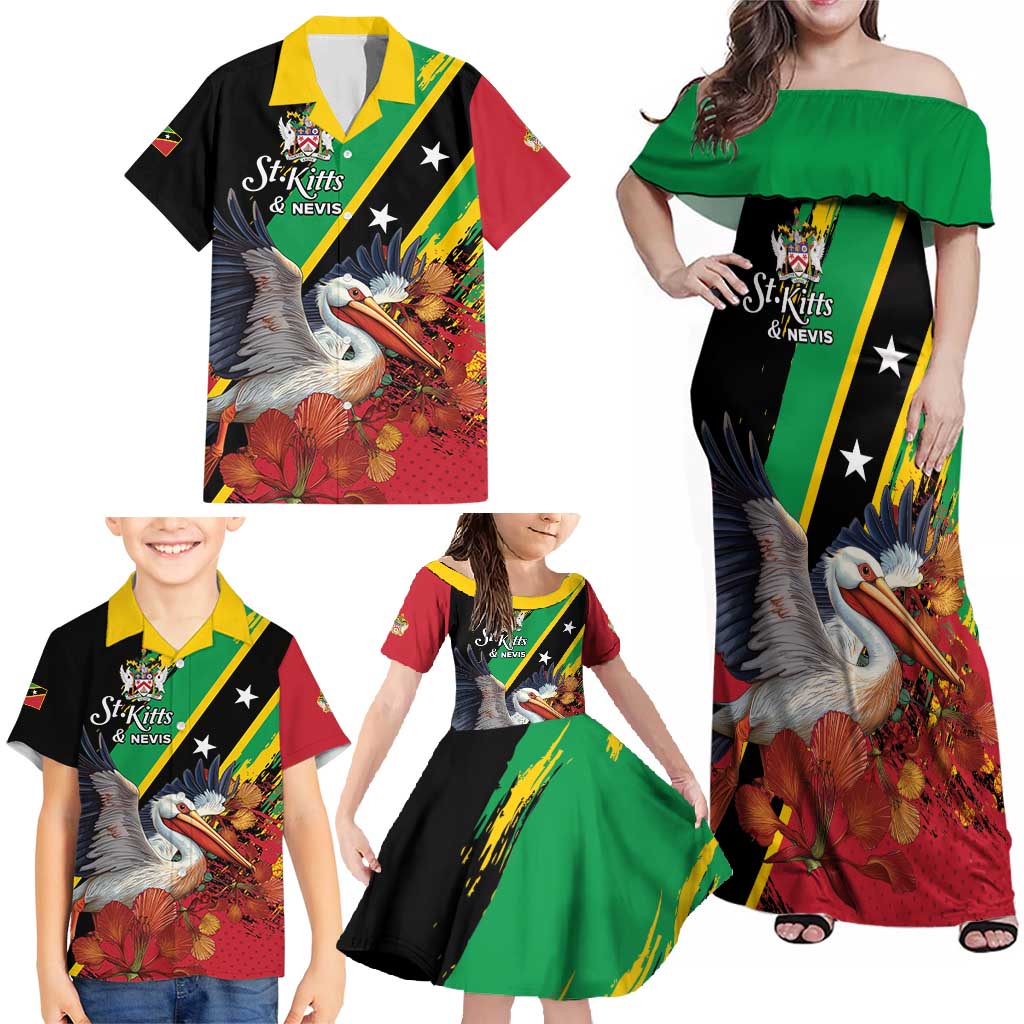 Personalized Saint Kitts and Nevis Pelican Family Matching Off Shoulder Maxi Dress and Hawaiian Shirt Royal Poinciana Flowers - Wonder Print Shop