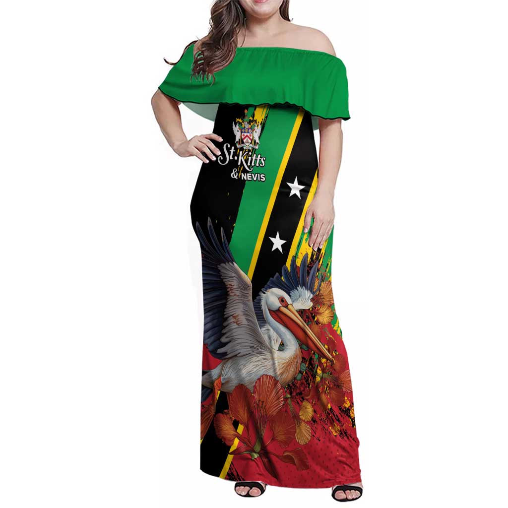 Personalized Saint Kitts and Nevis Pelican Family Matching Off Shoulder Maxi Dress and Hawaiian Shirt Royal Poinciana Flowers - Wonder Print Shop