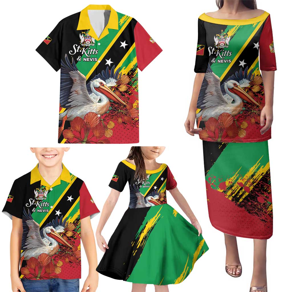 Personalized Saint Kitts and Nevis Pelican Family Matching Puletasi and Hawaiian Shirt Royal Poinciana Flowers - Wonder Print Shop