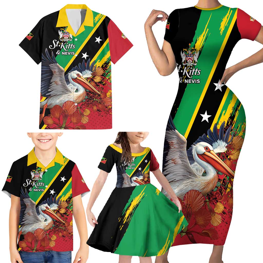 Personalized Saint Kitts and Nevis Pelican Family Matching Short Sleeve Bodycon Dress and Hawaiian Shirt Royal Poinciana Flowers - Wonder Print Shop