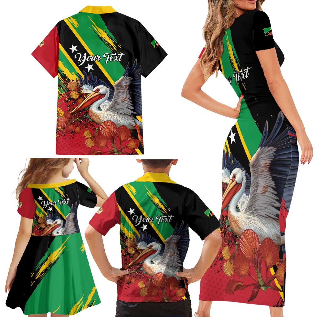 Personalized Saint Kitts and Nevis Pelican Family Matching Short Sleeve Bodycon Dress and Hawaiian Shirt Royal Poinciana Flowers - Wonder Print Shop