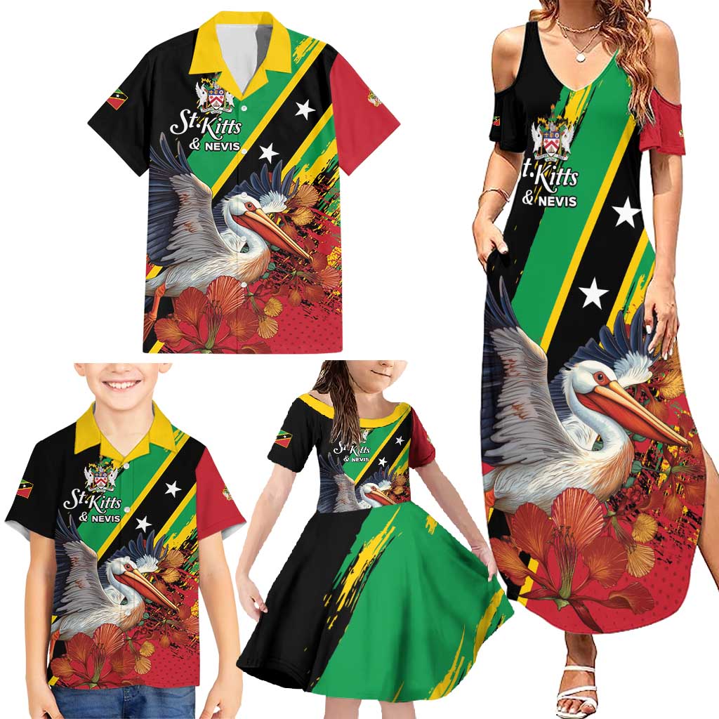 Personalized Saint Kitts and Nevis Pelican Family Matching Summer Maxi Dress and Hawaiian Shirt Royal Poinciana Flowers - Wonder Print Shop