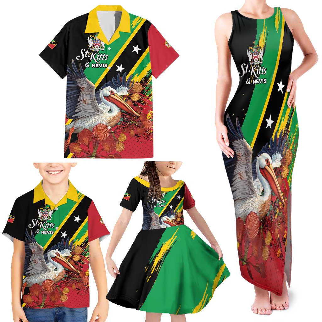 Personalized Saint Kitts and Nevis Pelican Family Matching Tank Maxi Dress and Hawaiian Shirt Royal Poinciana Flowers - Wonder Print Shop