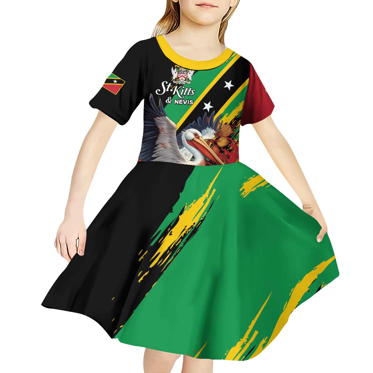 Personalized Saint Kitts and Nevis Pelican Kid Short Sleeve Dress Royal Poinciana Flowers - Wonder Print Shop