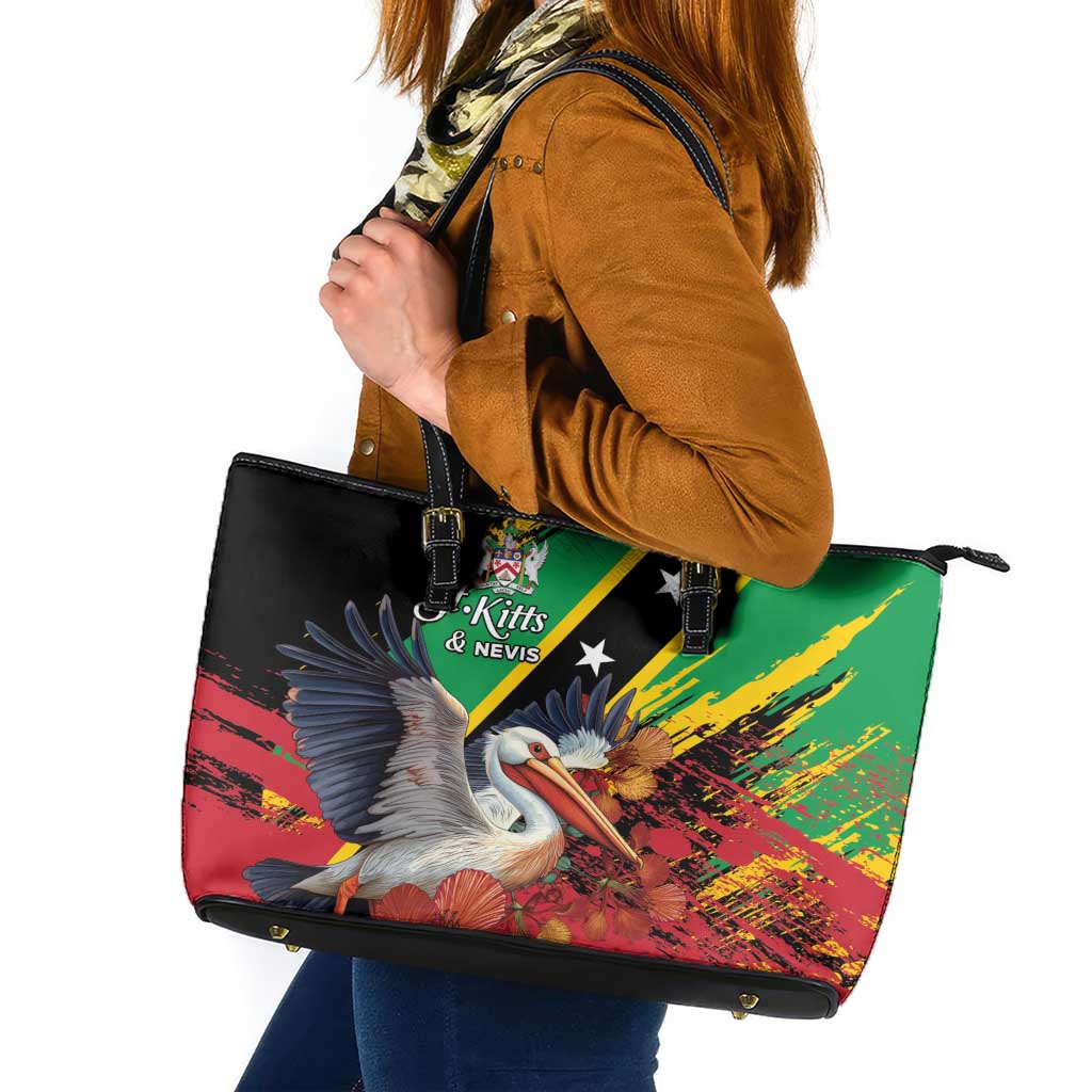Saint Kitts and Nevis Pelican Leather Tote Bag Royal Poinciana Flowers - Wonder Print Shop