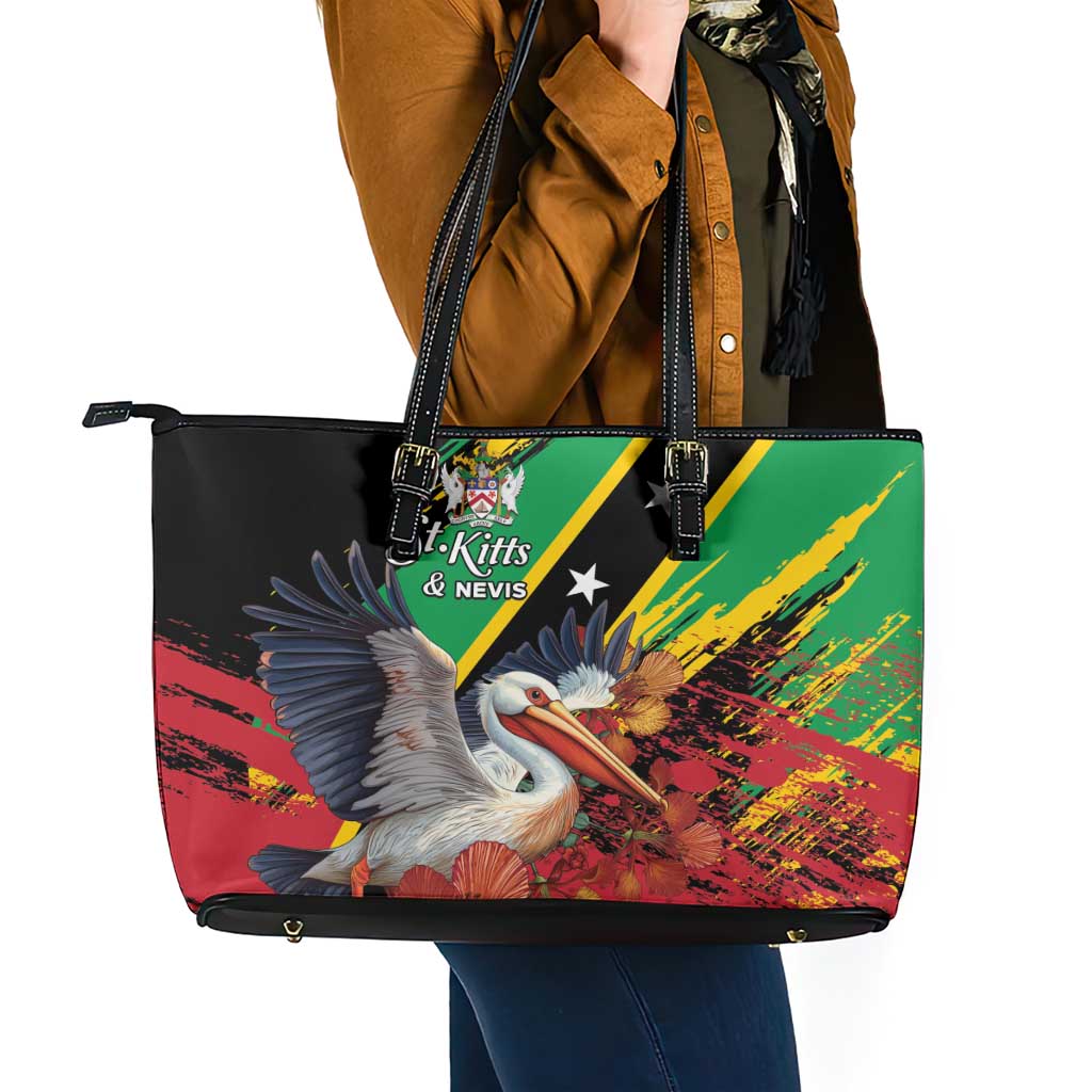 Saint Kitts and Nevis Pelican Leather Tote Bag Royal Poinciana Flowers - Wonder Print Shop