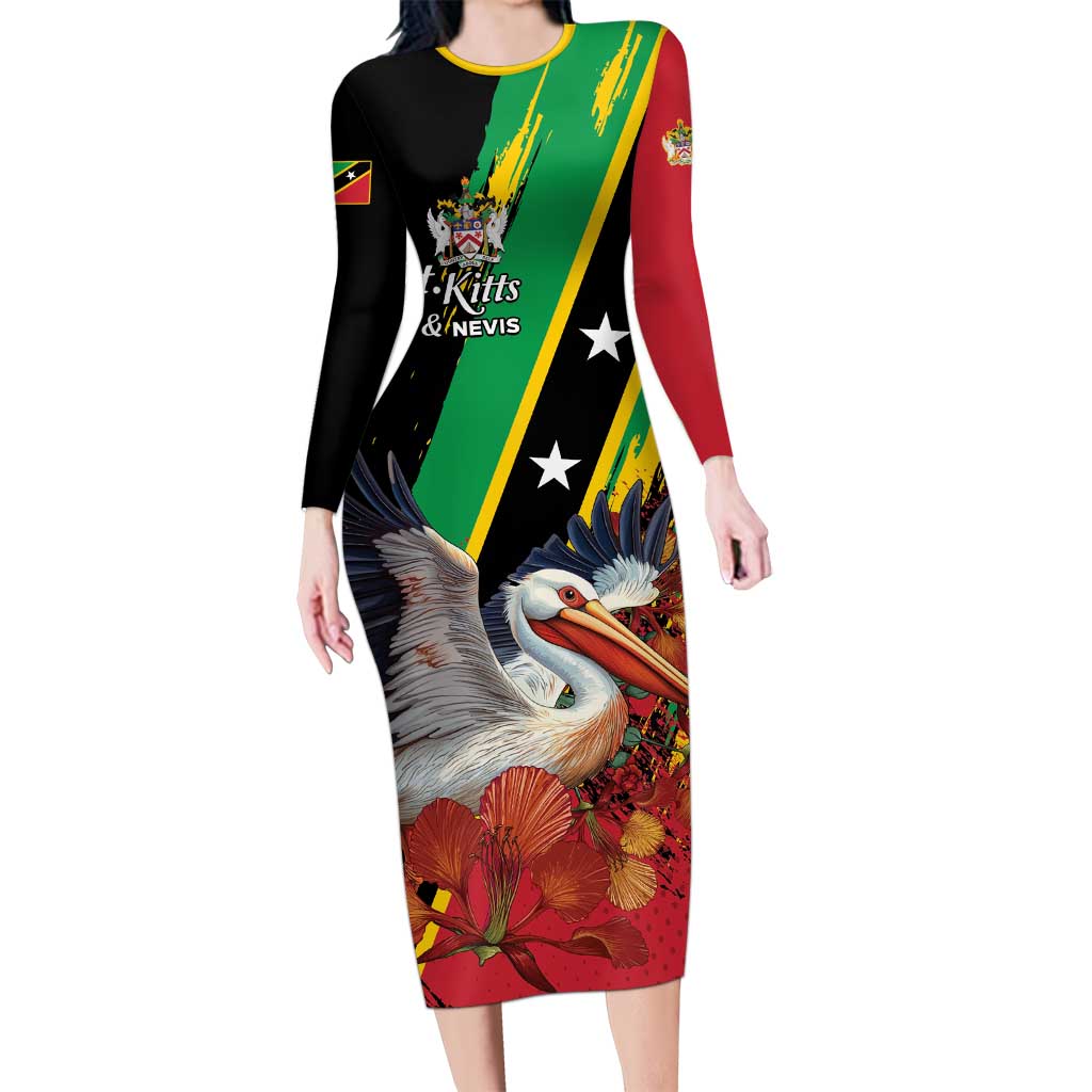 Personalized Saint Kitts and Nevis Pelican Long Sleeve Bodycon Dress Royal Poinciana Flowers - Wonder Print Shop