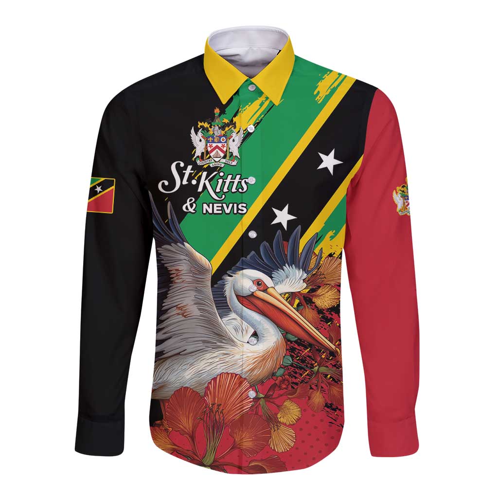 Personalized Saint Kitts and Nevis Pelican Long Sleeve Button Shirt Royal Poinciana Flowers - Wonder Print Shop