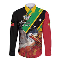 Personalized Saint Kitts and Nevis Pelican Long Sleeve Button Shirt Royal Poinciana Flowers - Wonder Print Shop
