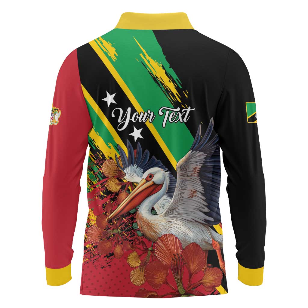 Personalized Saint Kitts and Nevis Pelican Long Sleeve Polo Shirt Royal Poinciana Flowers - Wonder Print Shop