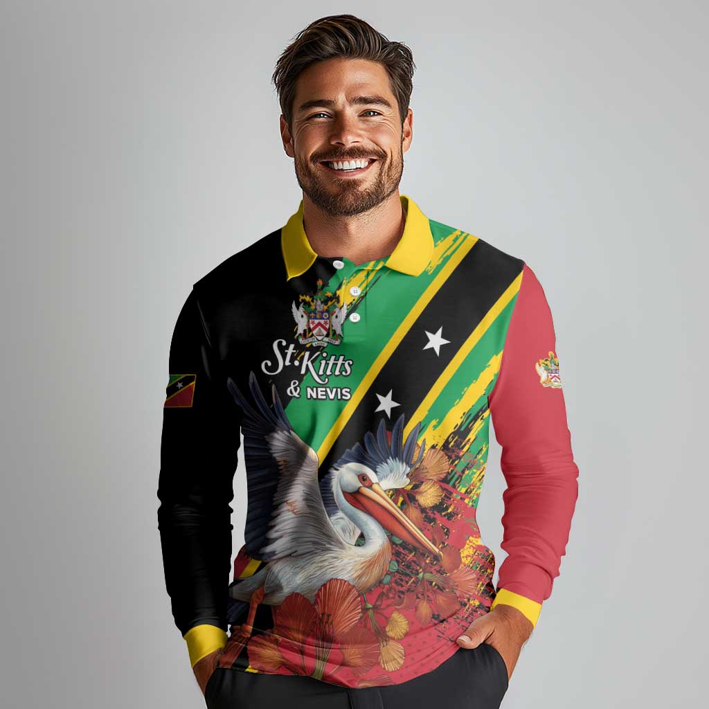 Personalized Saint Kitts and Nevis Pelican Long Sleeve Polo Shirt Royal Poinciana Flowers - Wonder Print Shop
