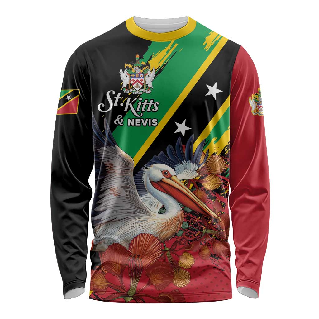 Personalized Saint Kitts and Nevis Pelican Long Sleeve Shirt Royal Poinciana Flowers - Wonder Print Shop