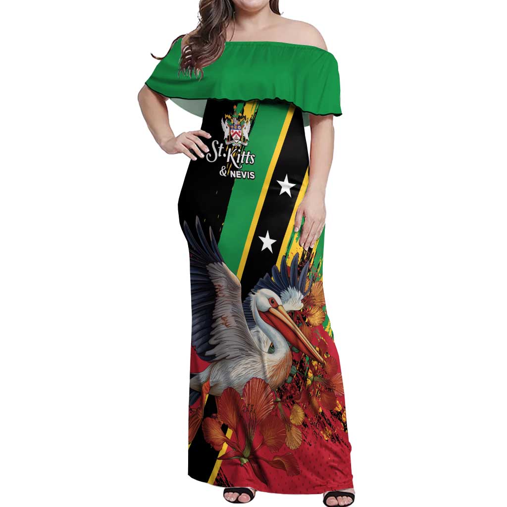 Personalized Saint Kitts and Nevis Pelican Off Shoulder Maxi Dress Royal Poinciana Flowers - Wonder Print Shop