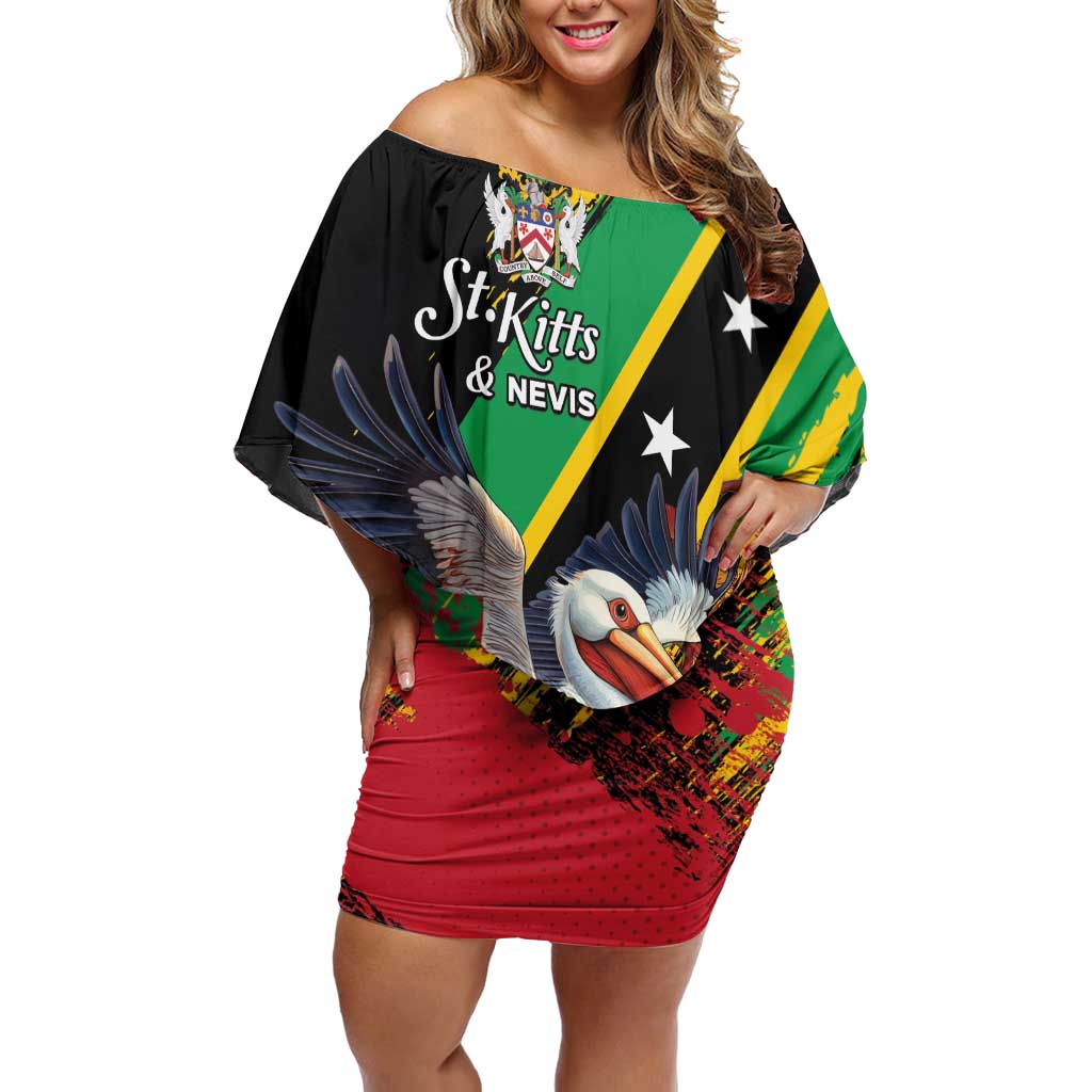 Personalized Saint Kitts and Nevis Pelican Off Shoulder Short Dress Royal Poinciana Flowers - Wonder Print Shop