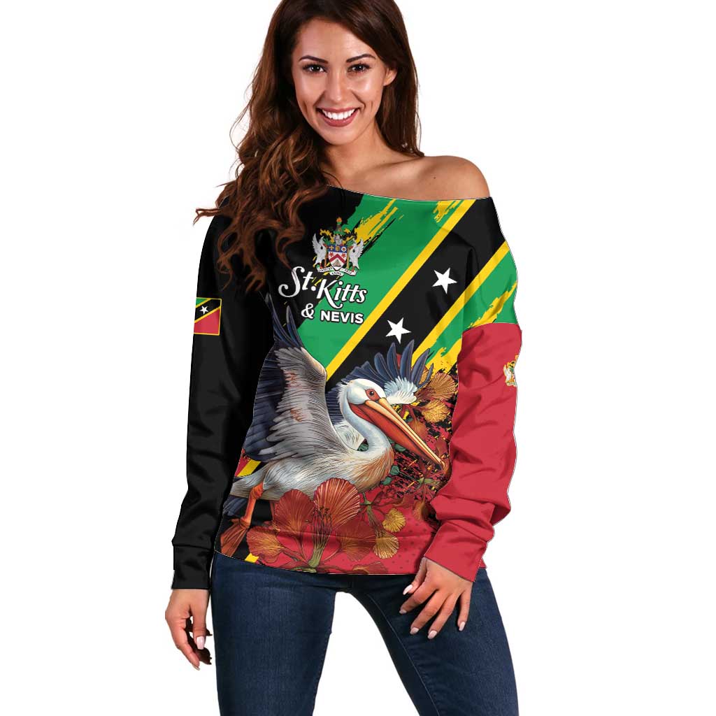 Personalized Saint Kitts and Nevis Pelican Off Shoulder Sweater Royal Poinciana Flowers - Wonder Print Shop