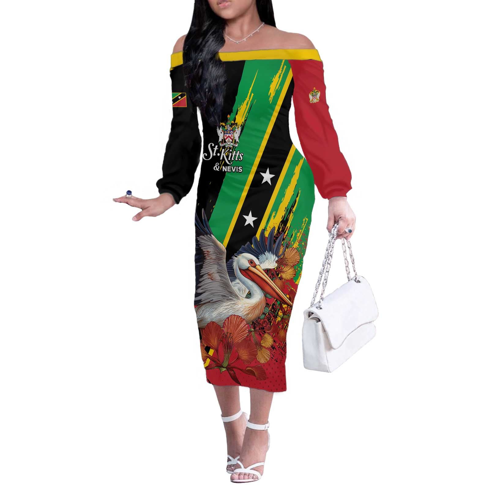 Personalized Saint Kitts and Nevis Pelican Off The Shoulder Long Sleeve Dress Royal Poinciana Flowers - Wonder Print Shop