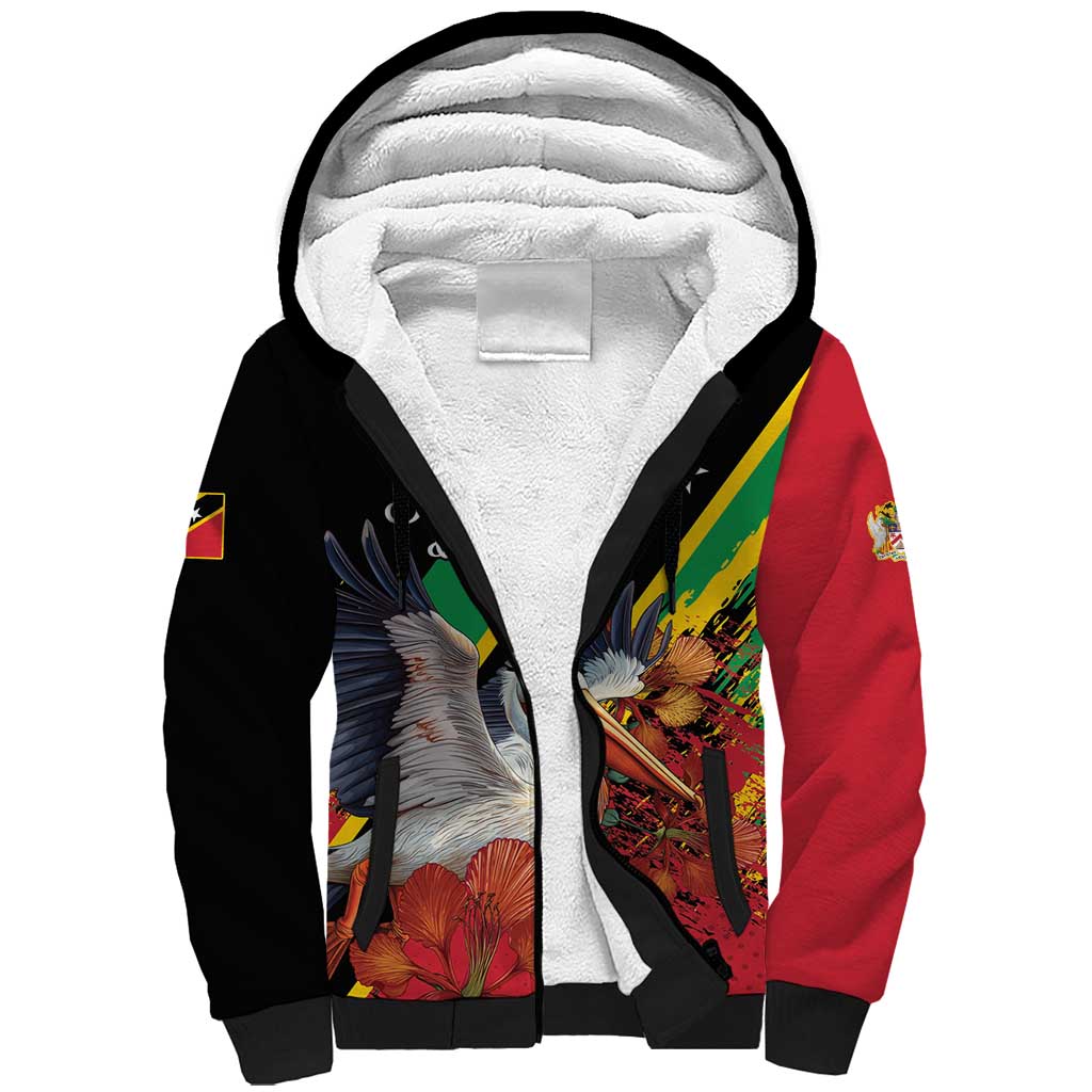 Personalized Saint Kitts and Nevis Pelican Sherpa Hoodie Royal Poinciana Flowers - Wonder Print Shop