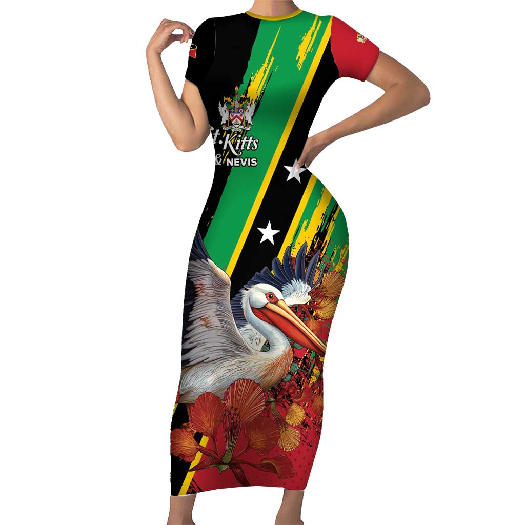 Personalized Saint Kitts and Nevis Pelican Short Sleeve Bodycon Dress Royal Poinciana Flowers - Wonder Print Shop