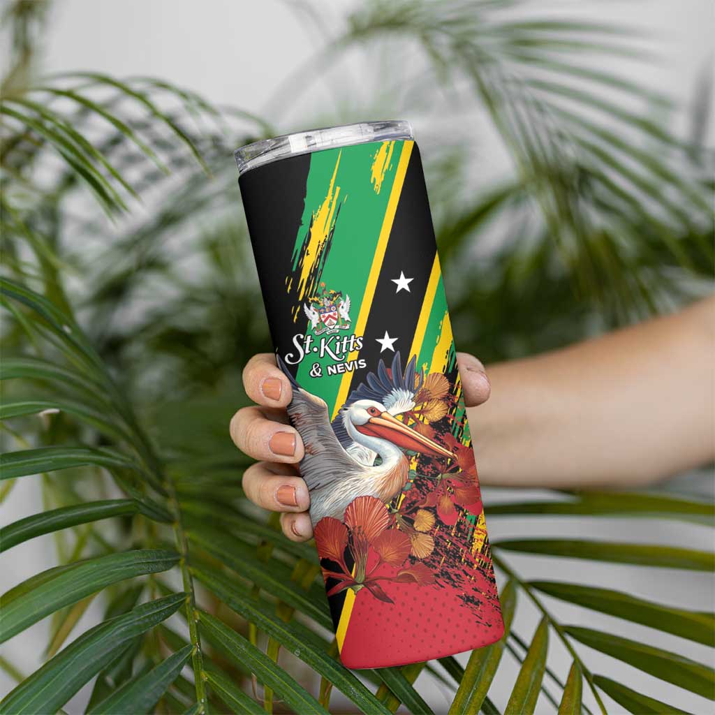Personalized Saint Kitts and Nevis Pelican Skinny Tumbler Royal Poinciana Flowers - Wonder Print Shop