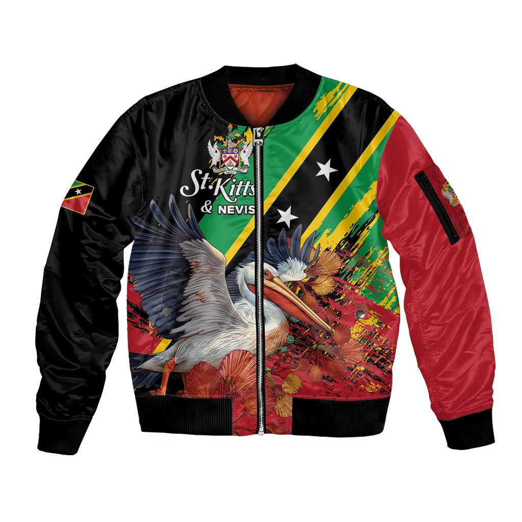 Personalized Saint Kitts and Nevis Pelican Sleeve Zip Bomber Jacket Royal Poinciana Flowers - Wonder Print Shop