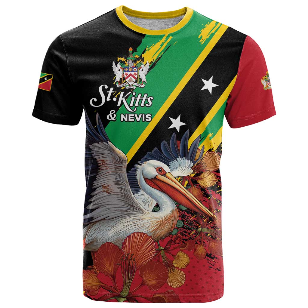 Personalized Saint Kitts and Nevis Pelican T Shirt Royal Poinciana Flowers - Wonder Print Shop
