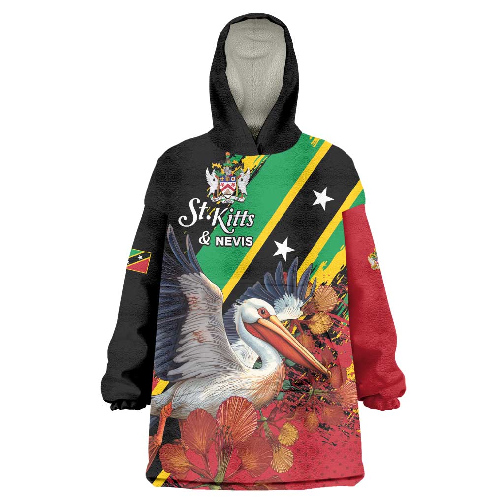 Personalized Saint Kitts and Nevis Pelican Wearable Blanket Hoodie Royal Poinciana Flowers - Wonder Print Shop