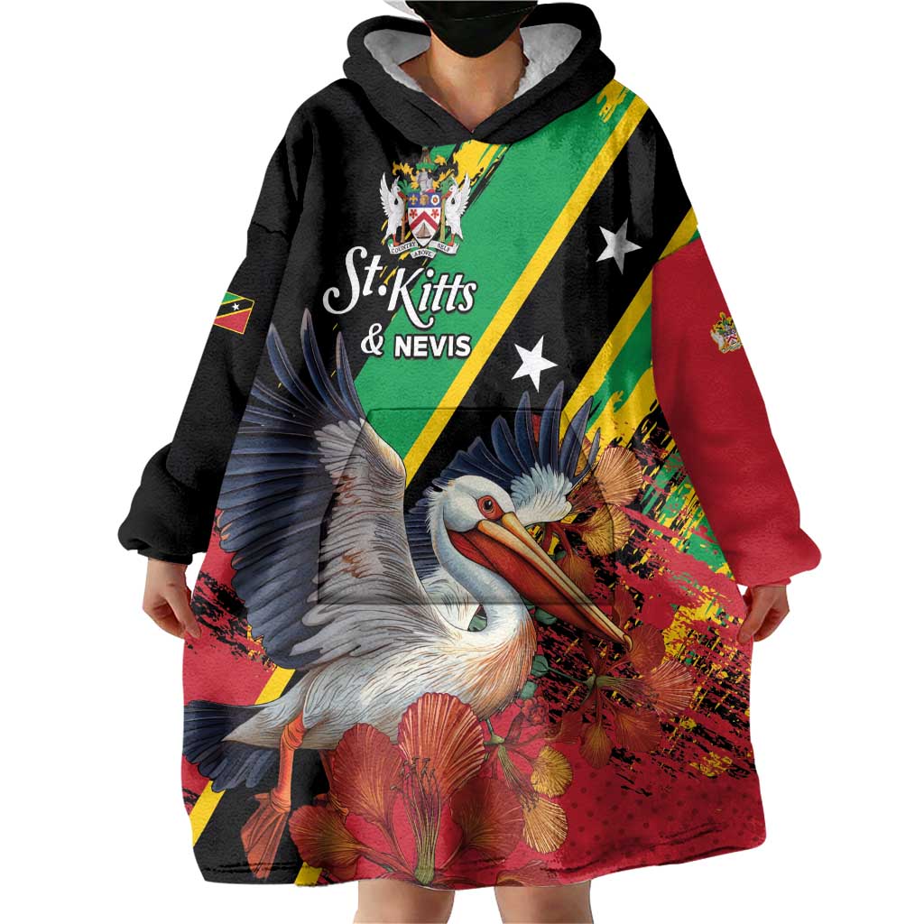 Personalized Saint Kitts and Nevis Pelican Wearable Blanket Hoodie Royal Poinciana Flowers - Wonder Print Shop