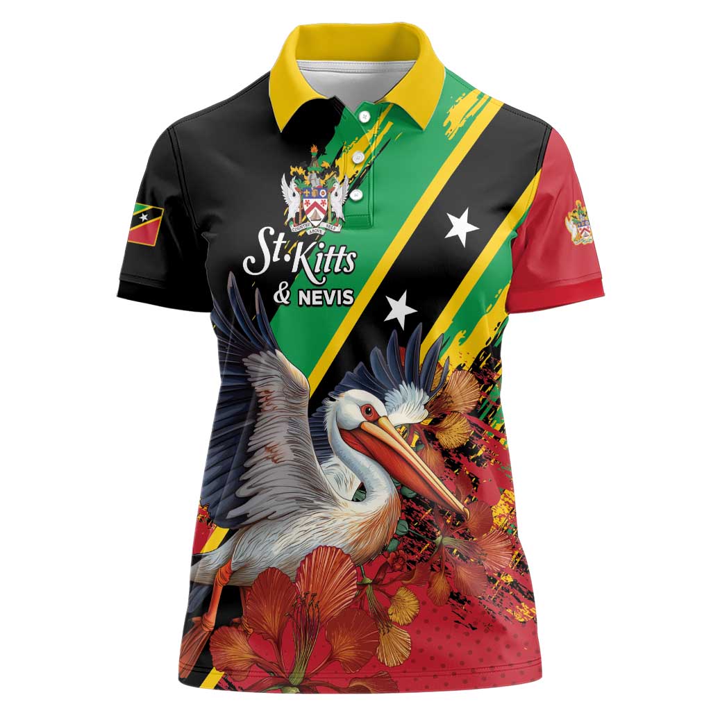 Personalized Saint Kitts and Nevis Pelican Women Polo Shirt Royal Poinciana Flowers - Wonder Print Shop