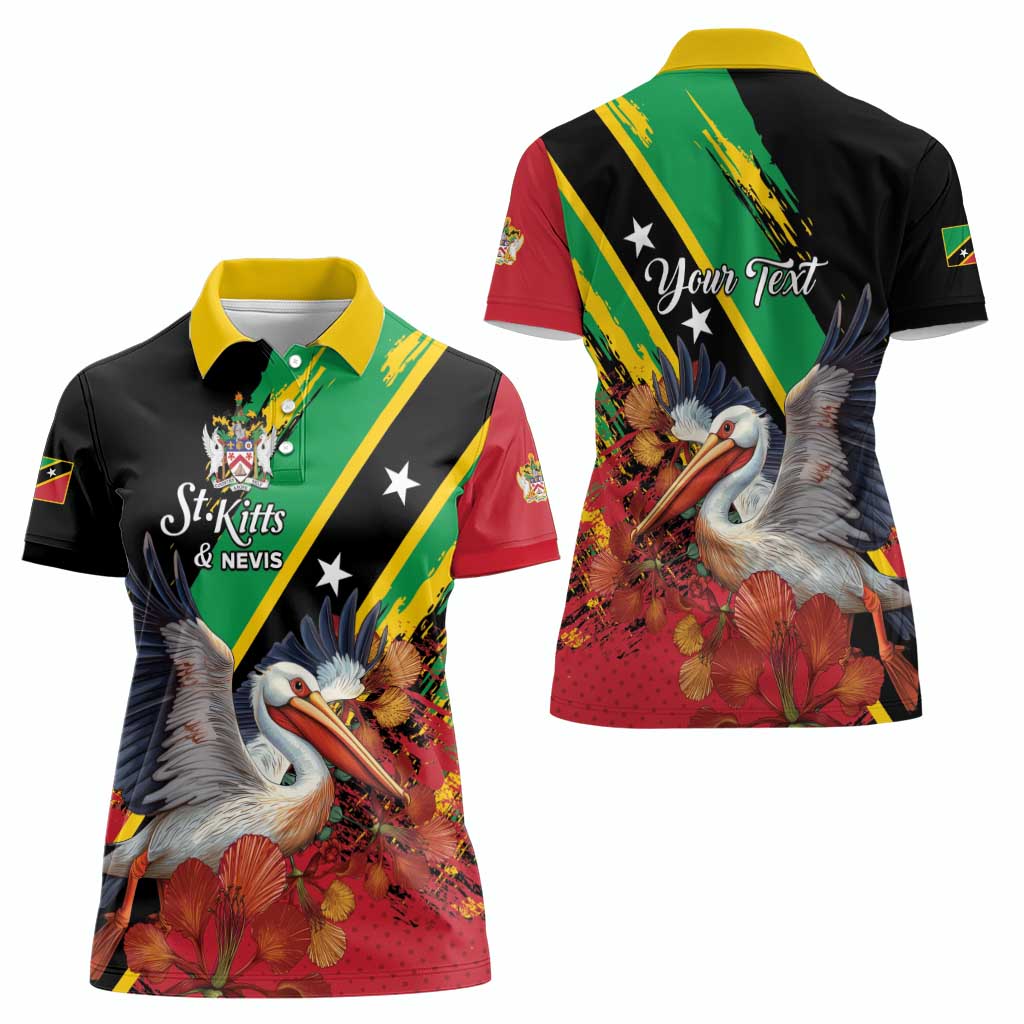 Personalized Saint Kitts and Nevis Pelican Women Polo Shirt Royal Poinciana Flowers - Wonder Print Shop
