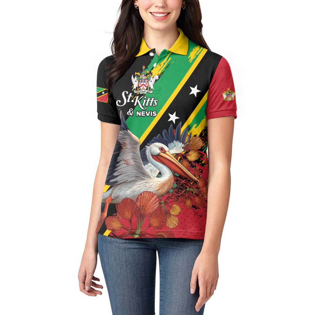 Personalized Saint Kitts and Nevis Pelican Women Polo Shirt Royal Poinciana Flowers - Wonder Print Shop
