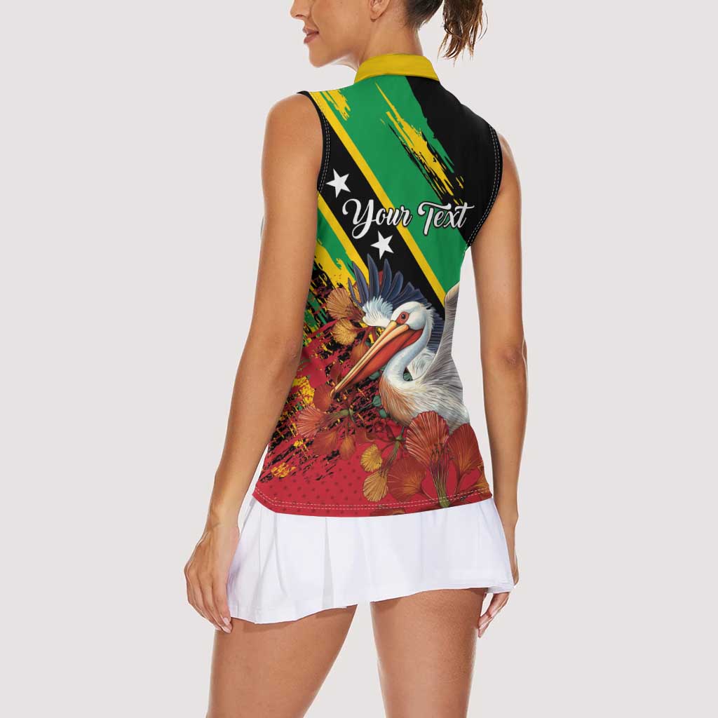 Personalized Saint Kitts and Nevis Pelican Women Sleeveless Polo Shirt Royal Poinciana Flowers - Wonder Print Shop