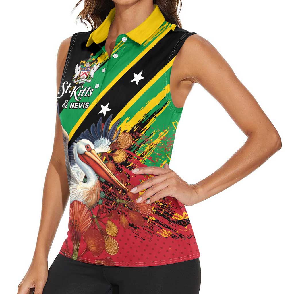 Personalized Saint Kitts and Nevis Pelican Women Sleeveless Polo Shirt Royal Poinciana Flowers - Wonder Print Shop