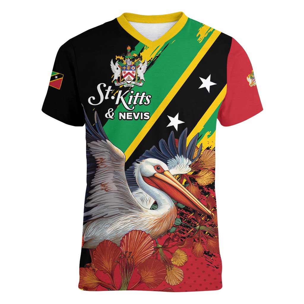 Personalized Saint Kitts and Nevis Pelican Women V-Neck T-Shirt Royal Poinciana Flowers - Wonder Print Shop