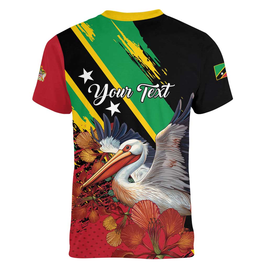Personalized Saint Kitts and Nevis Pelican Women V-Neck T-Shirt Royal Poinciana Flowers - Wonder Print Shop