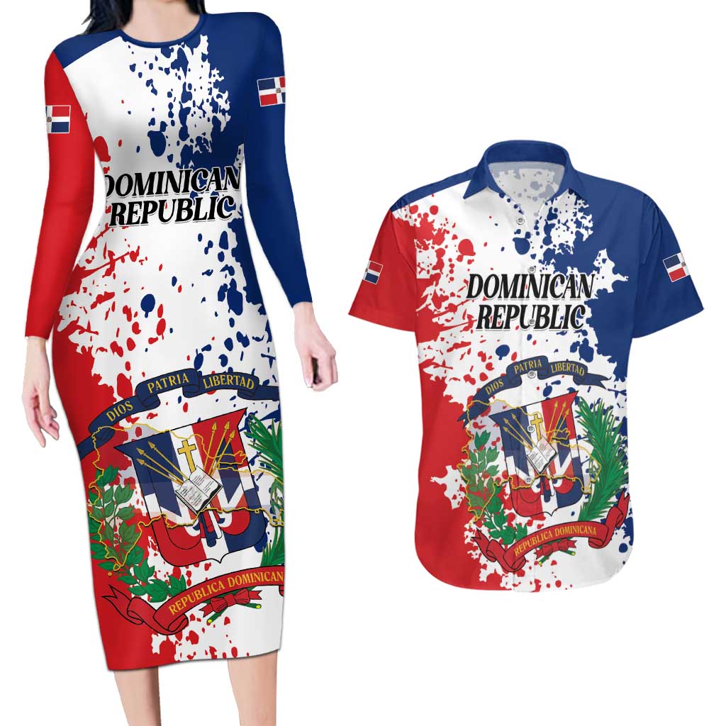 Personalized Dominican Republic Restoration Day Couples Matching Long Sleeve Bodycon Dress and Hawaiian Shirt Coat Of Arms Flag Colors - Wonder Print Shop