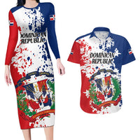 Personalized Dominican Republic Restoration Day Couples Matching Long Sleeve Bodycon Dress and Hawaiian Shirt Coat Of Arms Flag Colors - Wonder Print Shop