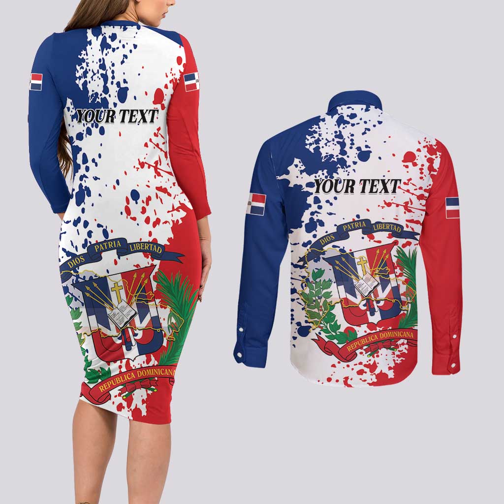 Personalized Dominican Republic Restoration Day Couples Matching Long Sleeve Bodycon Dress and Long Sleeve Button Shirt Coat Of Arms Flag Colors - Wonder Print Shop