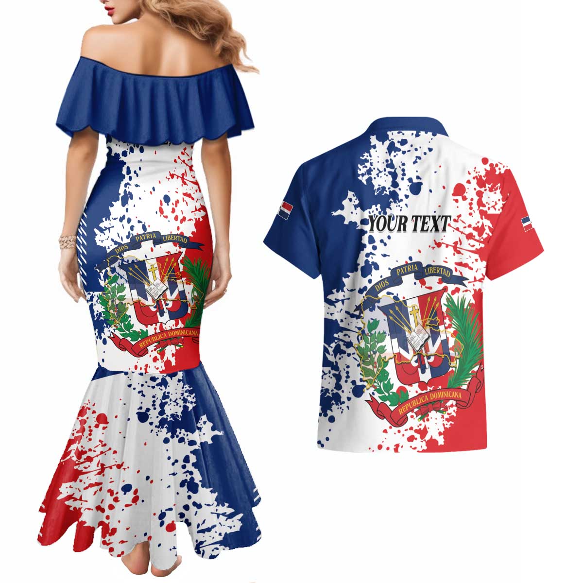 Personalized Dominican Republic Restoration Day Couples Matching Mermaid Dress and Hawaiian Shirt Coat Of Arms Flag Colors - Wonder Print Shop