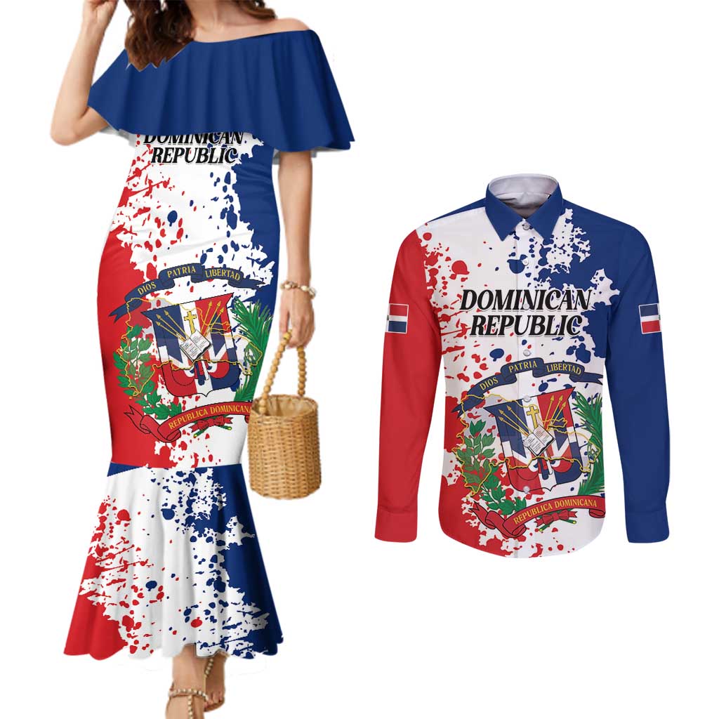 Personalized Dominican Republic Restoration Day Couples Matching Mermaid Dress and Long Sleeve Button Shirt Coat Of Arms Flag Colors - Wonder Print Shop