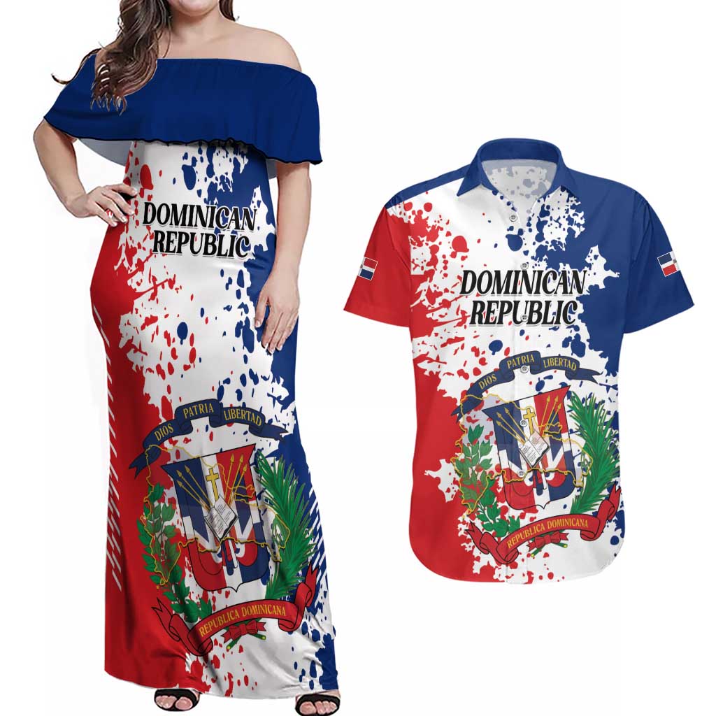 Personalized Dominican Republic Restoration Day Couples Matching Off Shoulder Maxi Dress and Hawaiian Shirt Coat Of Arms Flag Colors - Wonder Print Shop