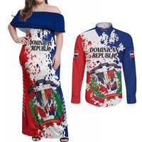 Personalized Dominican Republic Restoration Day Couples Matching Off Shoulder Maxi Dress and Long Sleeve Button Shirt Coat Of Arms Flag Colors - Wonder Print Shop